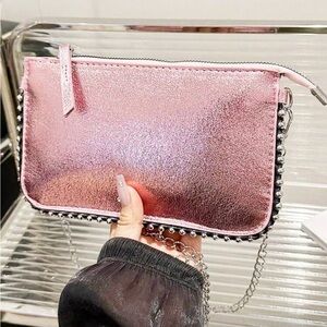 Pink Metallic Chain Clutch